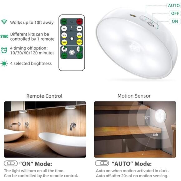 LED Closet Lights Wireless Motion Sensor Puck Light with Remote Control,USB - Picture 4 of 7